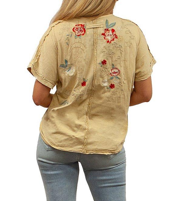 Karyn Seo Tessa Floral Embroidered Button V-Neck Dolman Short Sleeve Tee Product Image