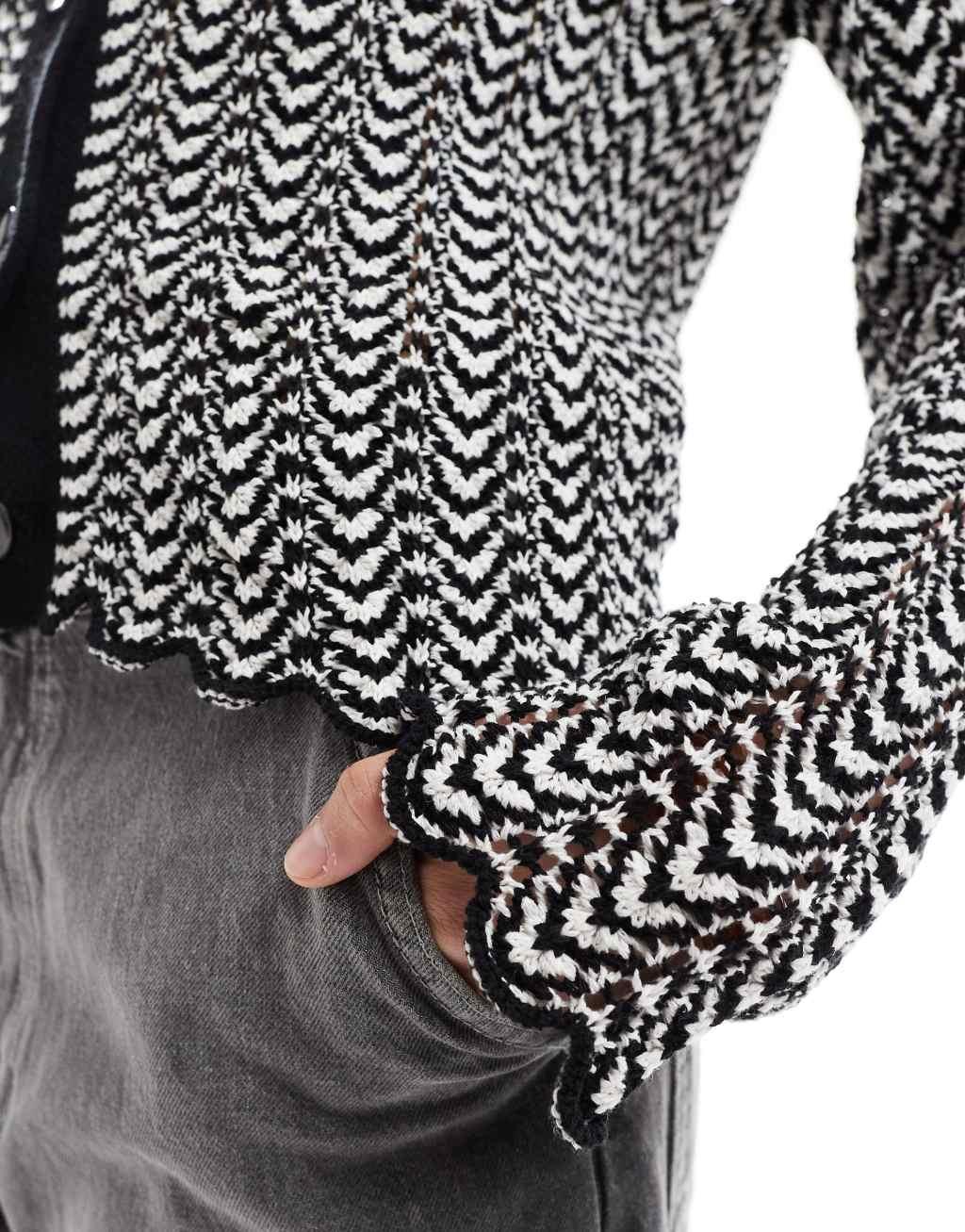 ASOS DESIGN knit cardigan in contrast crochet stitch in black and white Product Image