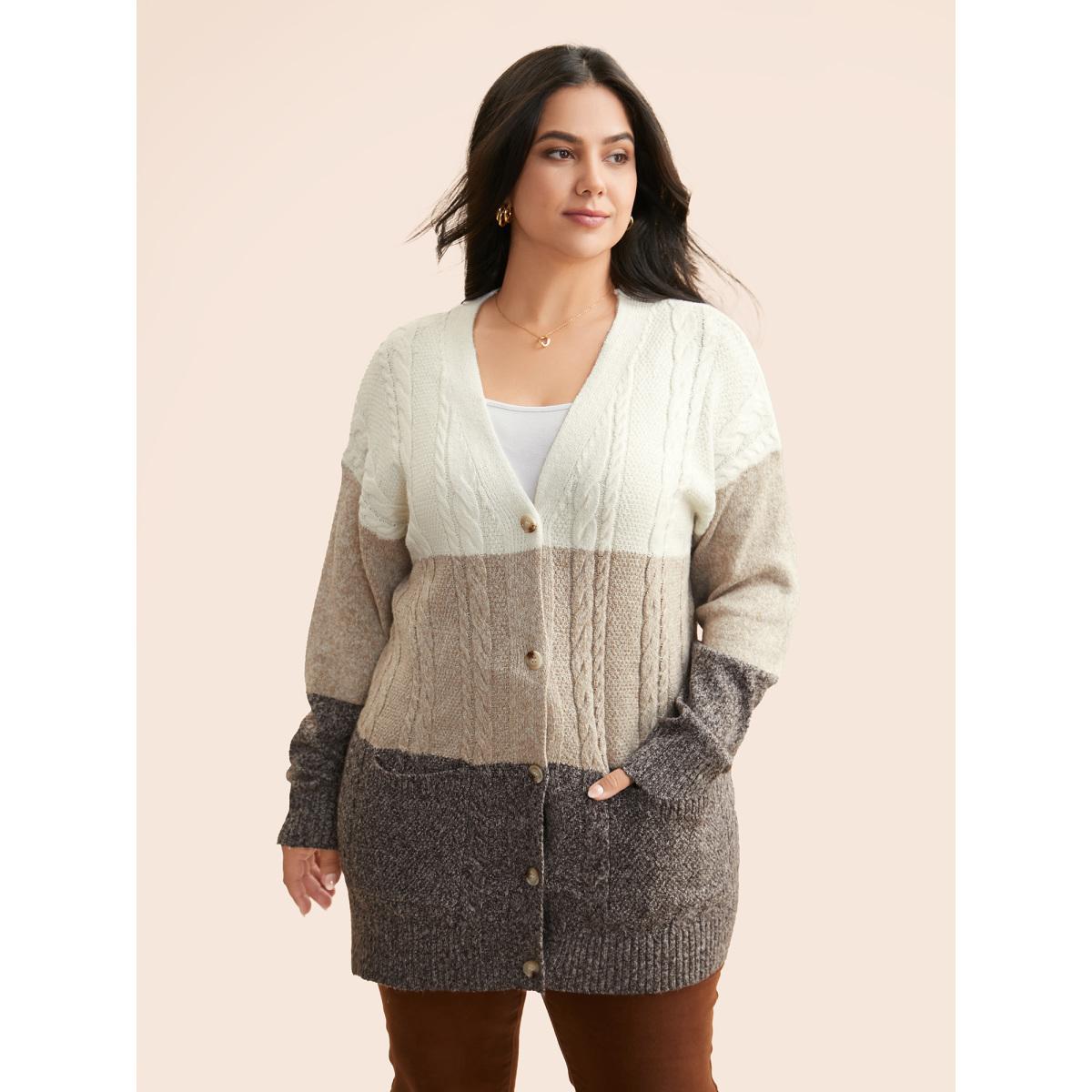Plus Size Colorblock Contrast Cable Knit Cardigan Browncoffeecolor Women Casual Loose Long Sleeve Everyday Cardigans BloomChic 30/6X Product Image