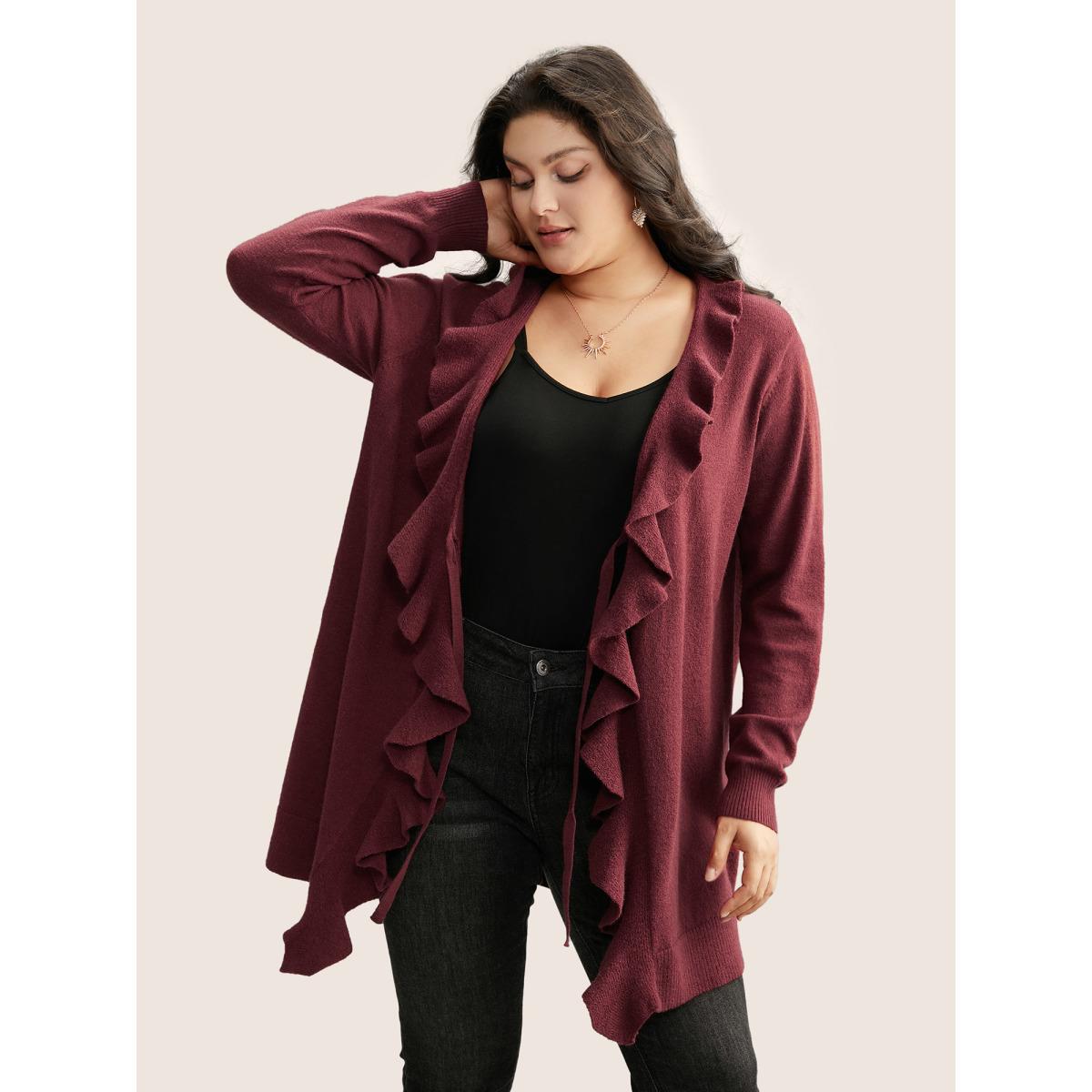 Plus Size Supersoft Essentials Solid Ruffle Trim Ties Cardigan Scarlet Women Leisure Long Sleeve Casual Cardigans BloomChic 10/M Product Image