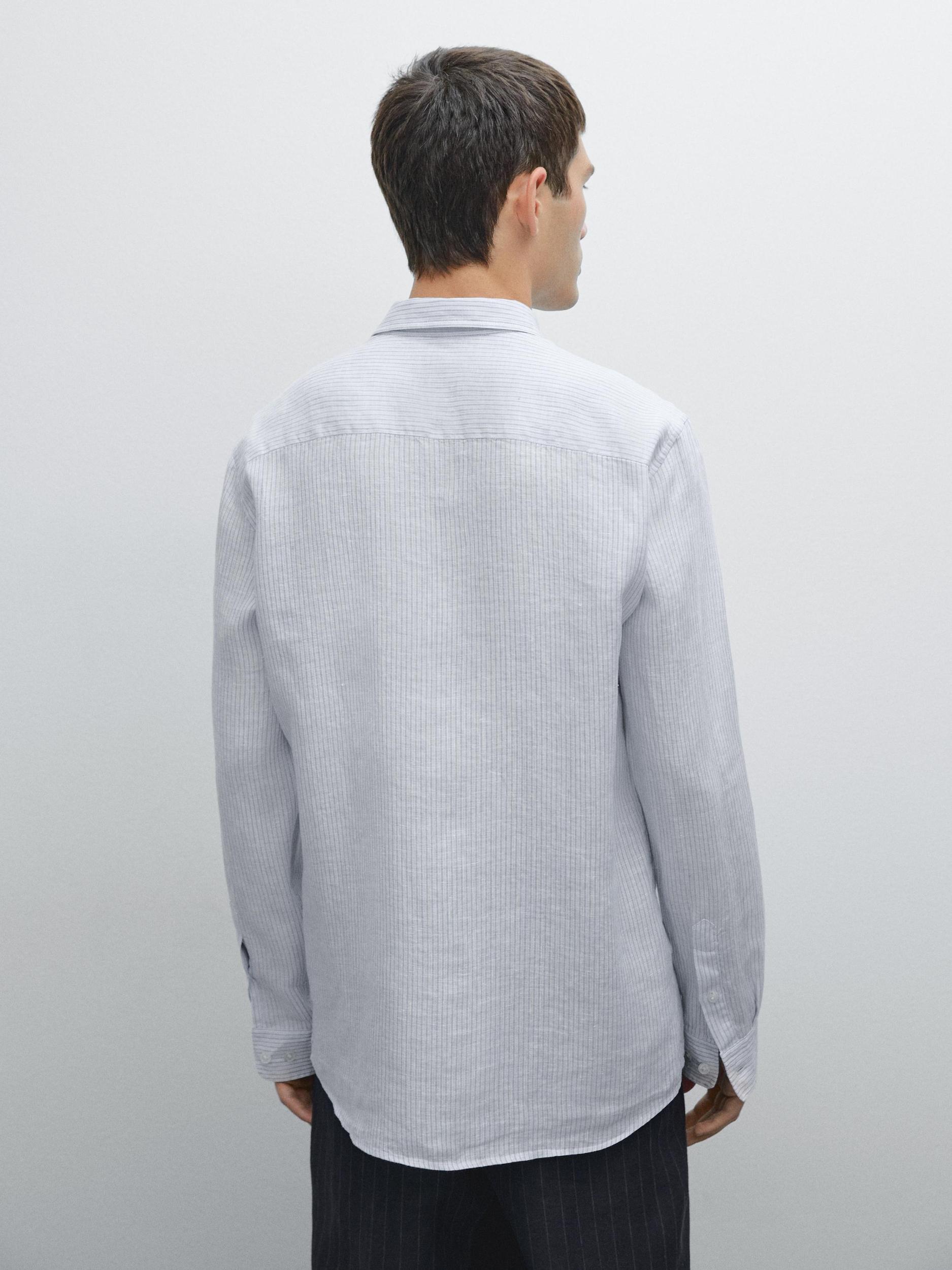 Slim fit striped 100% linen shirt Product Image