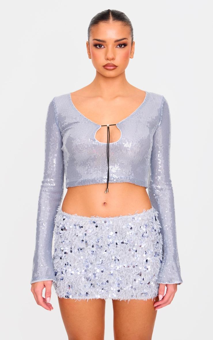 Blue Grey Faux Feather Sequin Micro Mini Skirt Product Image