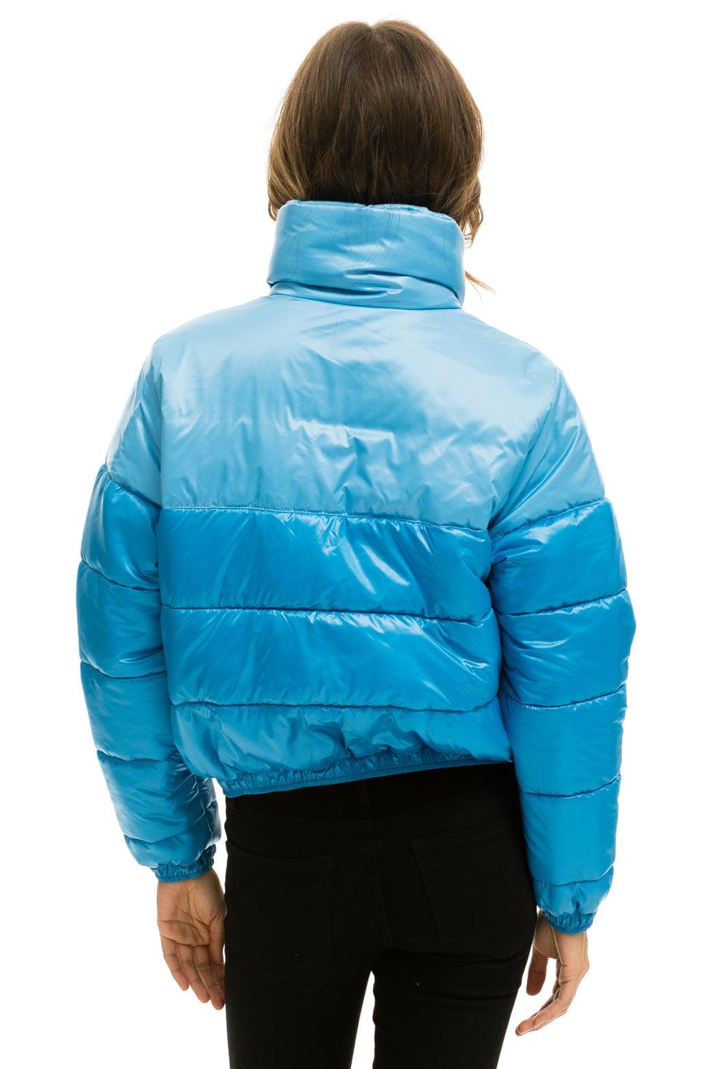COLOR BLOCK HALF AND HALF APRES PUFFER JACKET - SKY GLOSSY Female Product Image