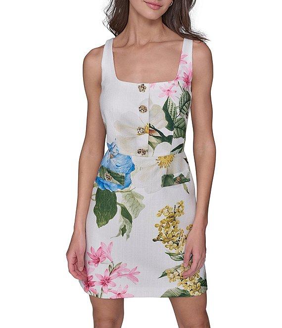KARL LAGERFELD PARIS Tweed Floral Print Square Neck Sleeveless Sheath Mini Dress Product Image