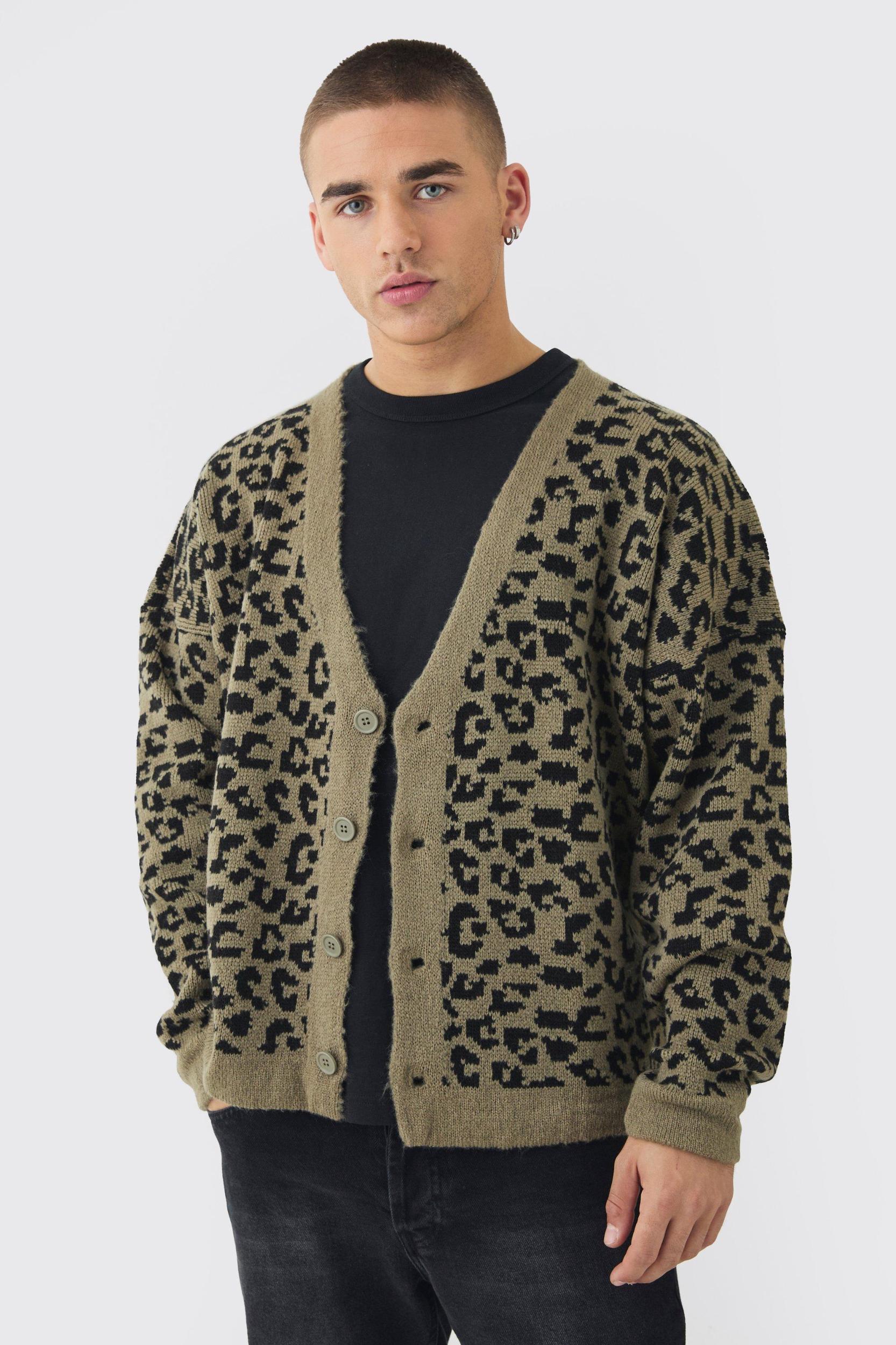 Boxy Oversized Brushed Leopard All Over Cardigan | boohooMAN USA Product Image