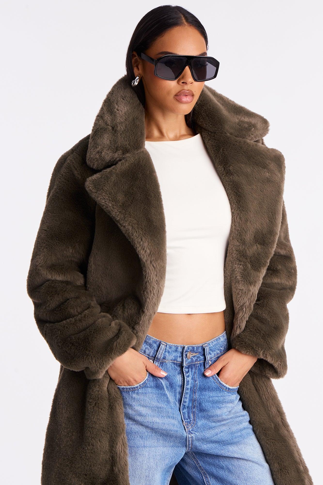 Victoria Faux Fur Trench Coat - Olive Female Product Image