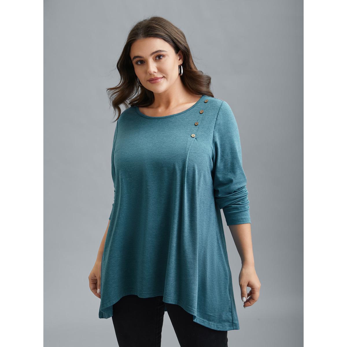 Plus Size Shoulder Button Hi-Low Hem Flared T-Shirt Teal Women Casual Button Round Neck Loose Everyday T-shirts BloomChic 30/6X Product Image