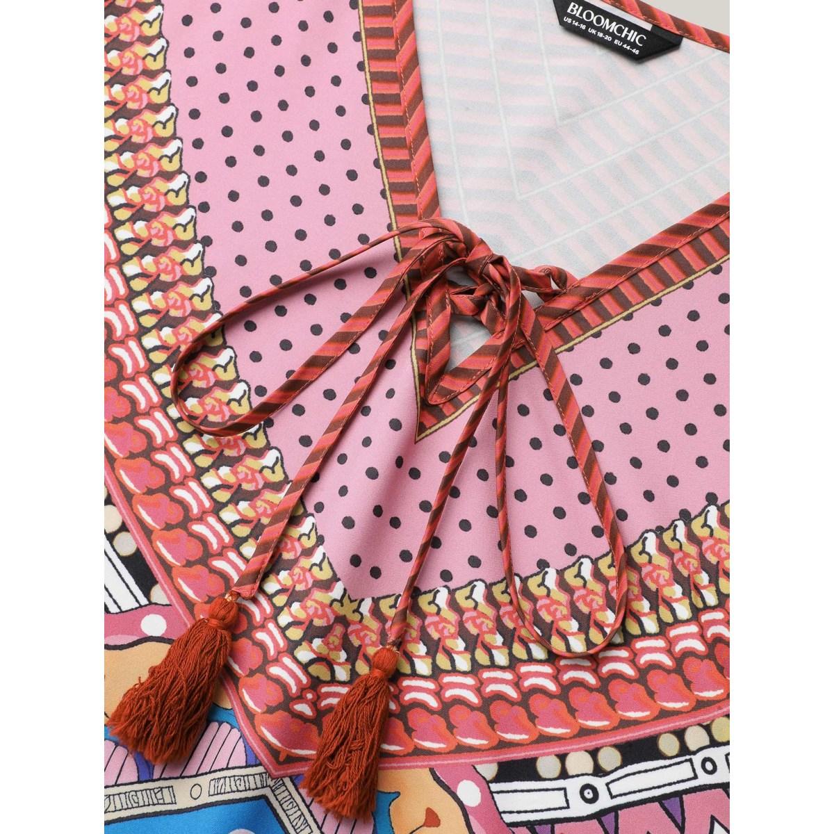 Plus Size Boho Print Ties Slit Curved Hem Midi Dress Cerulean Women Resort Wraparound straps V-neck Half Sleeve Curvy BloomChic 12/L Product Image