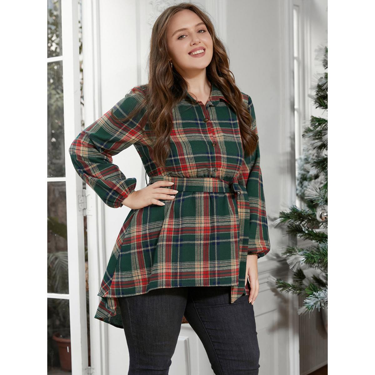 Plus Size Multicolor Plaid Shirt Collar Button Belted High Low Hem Blouse Women Casual Long Sleeve Shirt collar Everyday Blouses BloomChic 22-24/3X Product Image