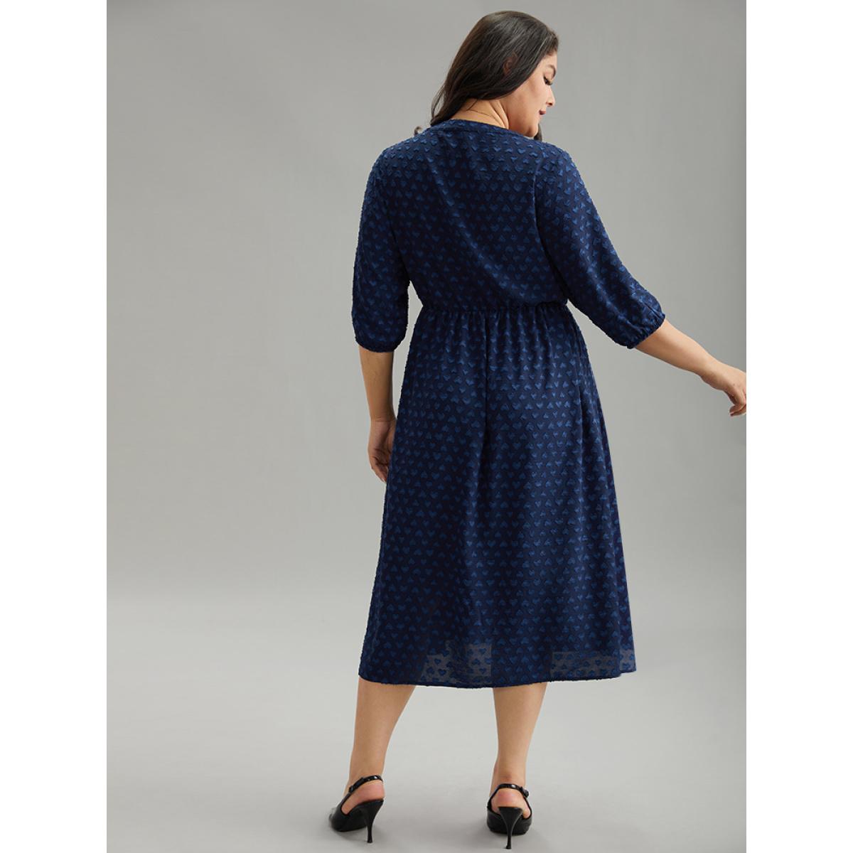 Plus Size Plain Heart Textured Half Zip Notched Dress Indigo Women Office Elastic cuffs Notched collar Elbow-length sleeve Curvy Midi Dress BloomChic 10/M Product Image