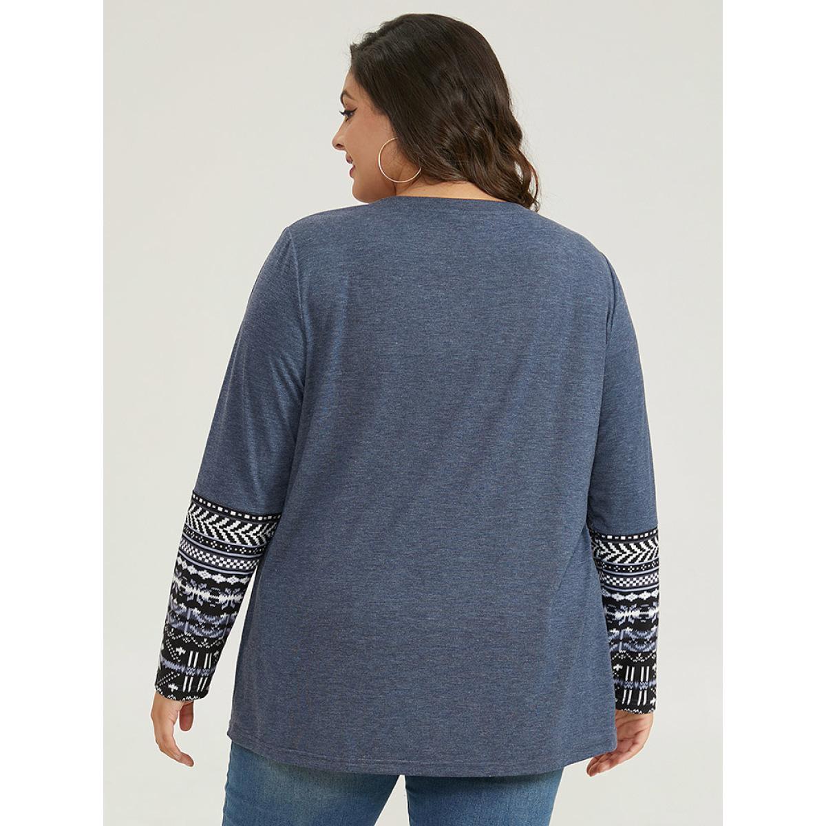 Plus Size Boho Print Round Neck Gathered T-shirt Blue Women Casual Patchwork Bohemian Print Round Neck Dailywear T-shirts BloomChic 30/6X Product Image