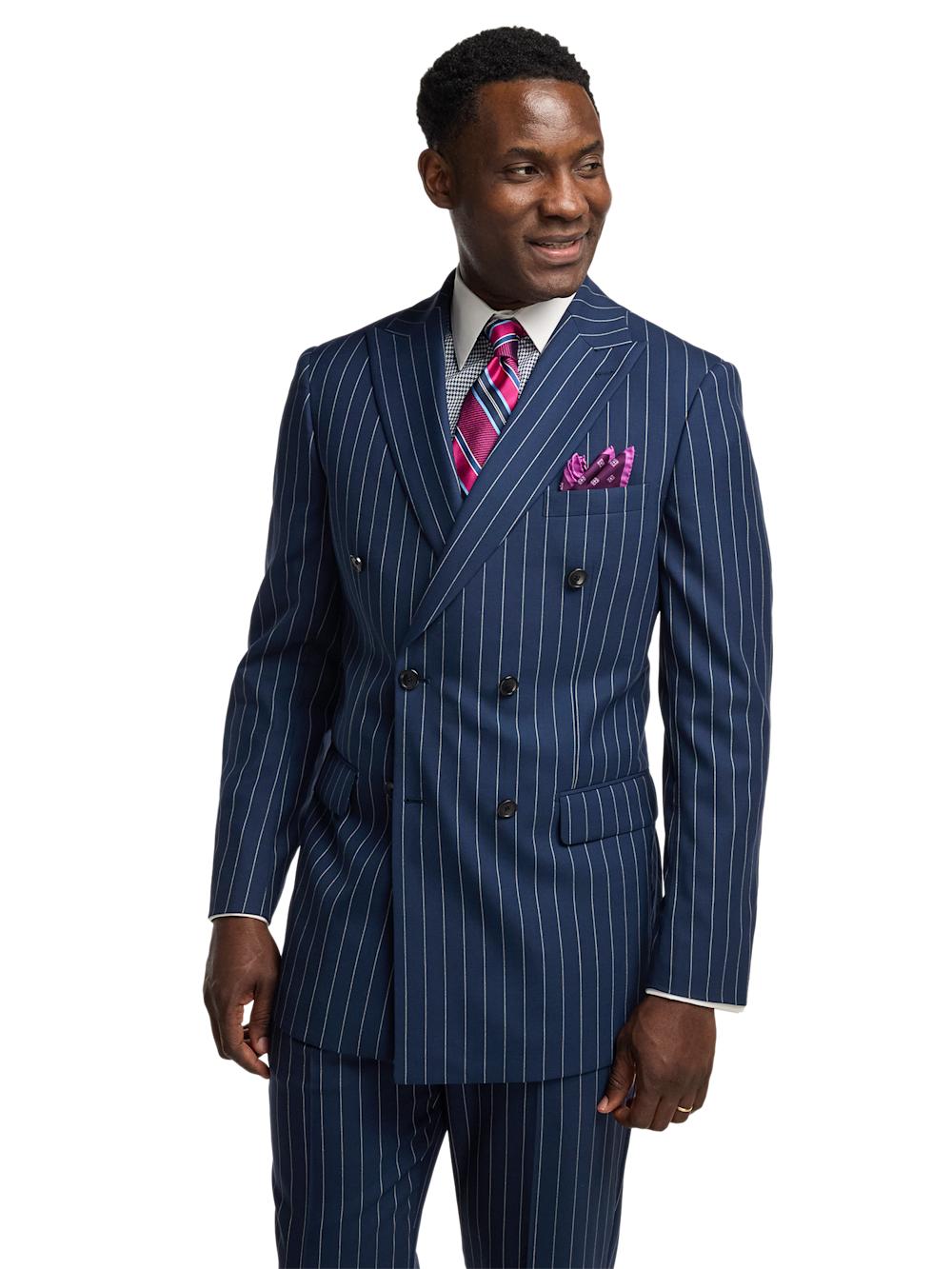 Wool Stretch Stripe Double Breasted Peak Lapel Suit Jacket - Blue Product Image