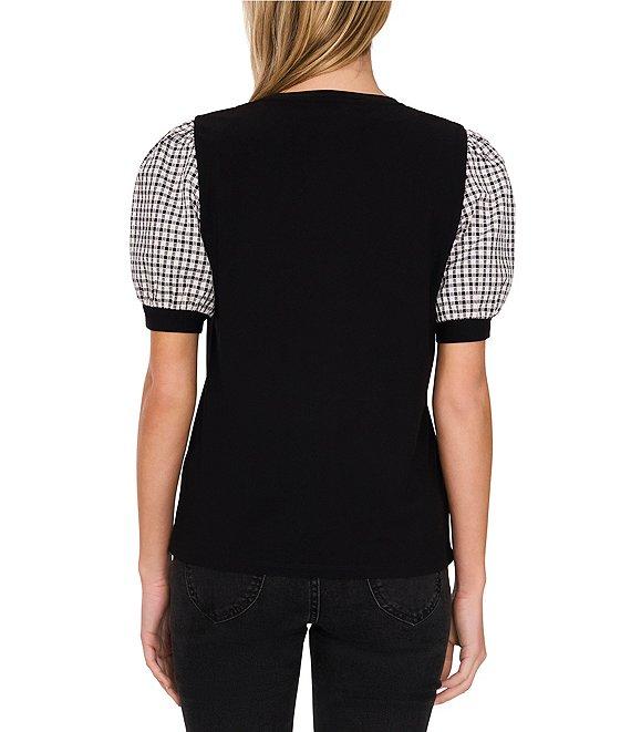 CeCe Crepe Knit Round Neck Gingham Puff Sleeve Top Product Image