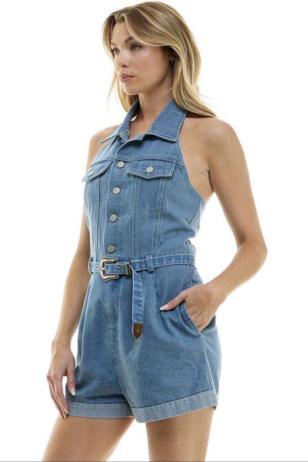Denim Halter Romper Product Image