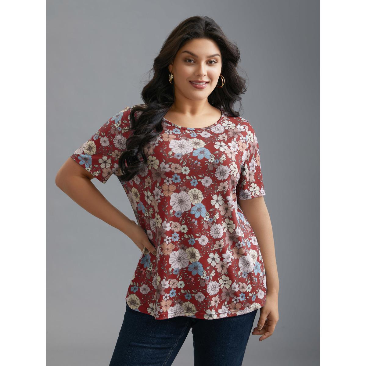 Plus Size Crew Neck Floral Print Stretchy T-Shirt Burgundy Women Leisure Contrast Natural Flowers Round Neck Casual T-shirts BloomChic 18-20/2X Product Image