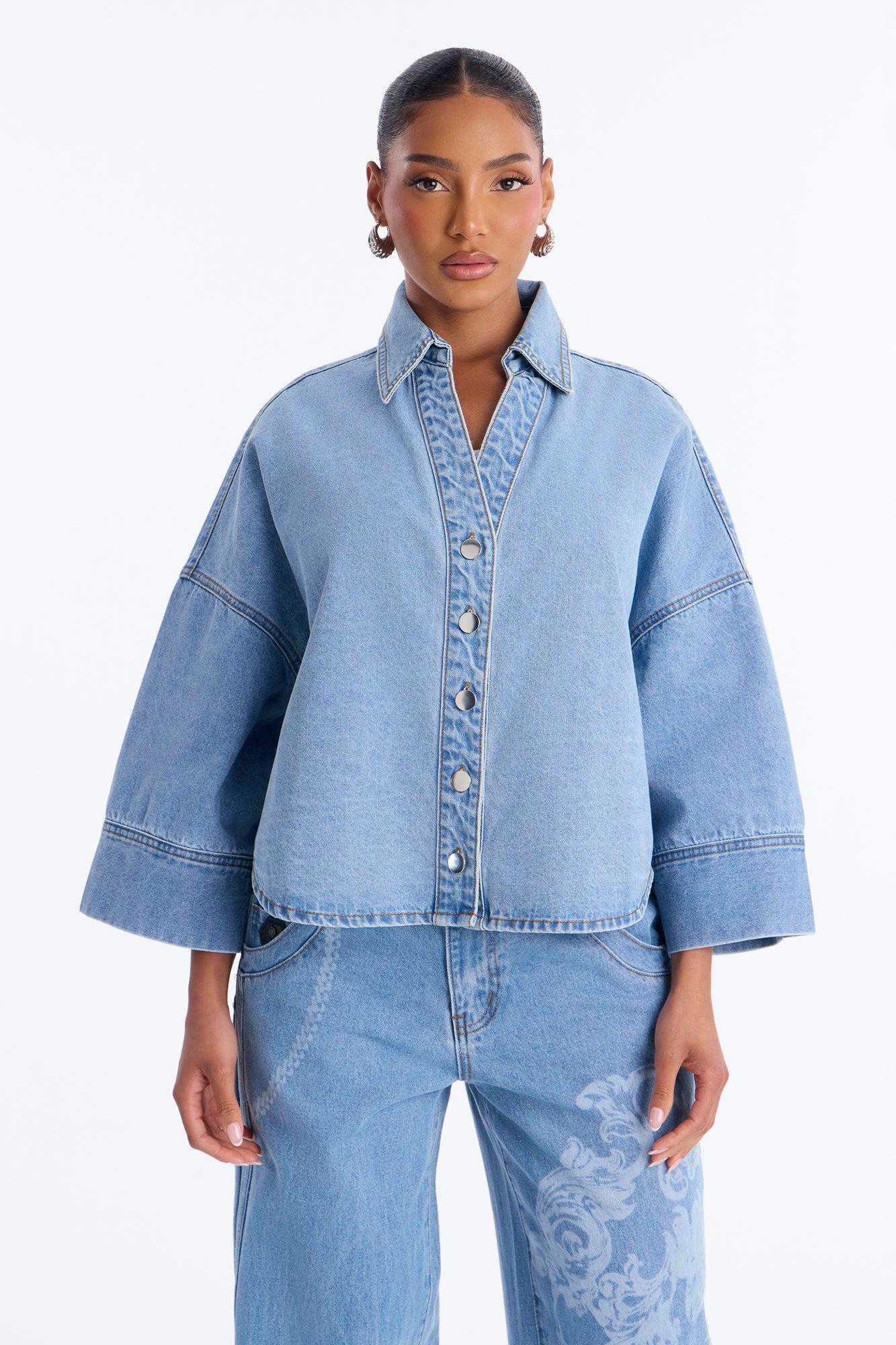Fit Secured Oversized Denim Shirt - Light Wash Female Product Image