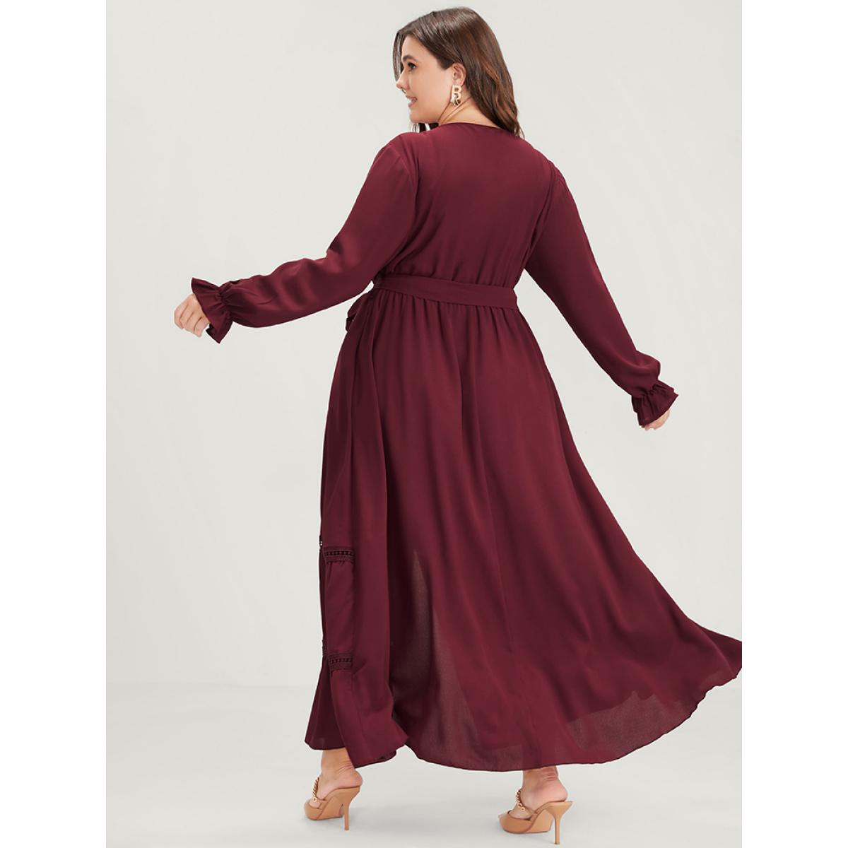 Plus Size Solid Lantern Sleeve Crochet Lace Button Ties Belted Maxi Dress Burgundy Women Elegant Plain V-neck Long Sleeve Curvy Long Dress BloomChic 30/6X Product Image
