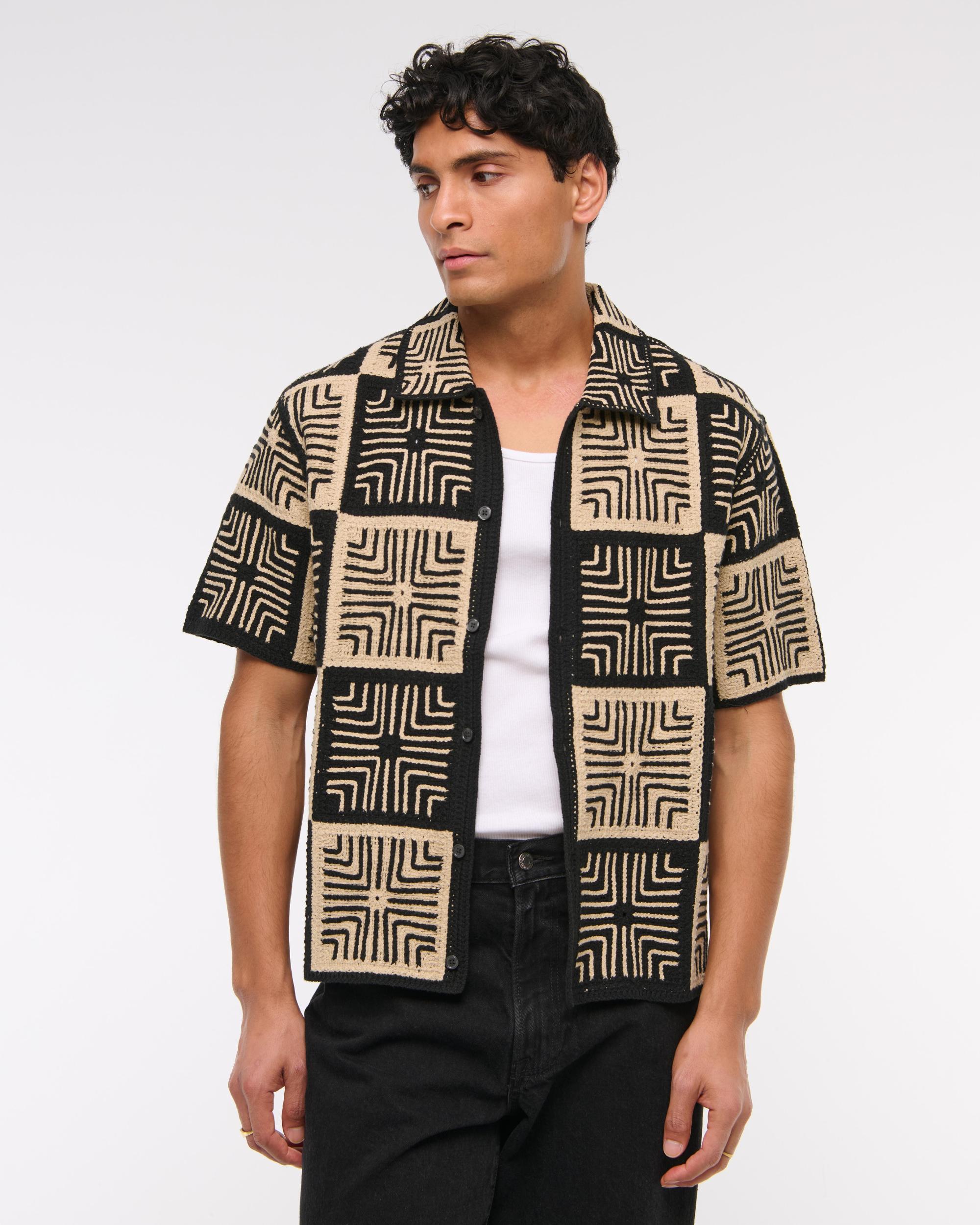 Crochet-Style Border Stripe Button-Through Sweater Polo Product Image