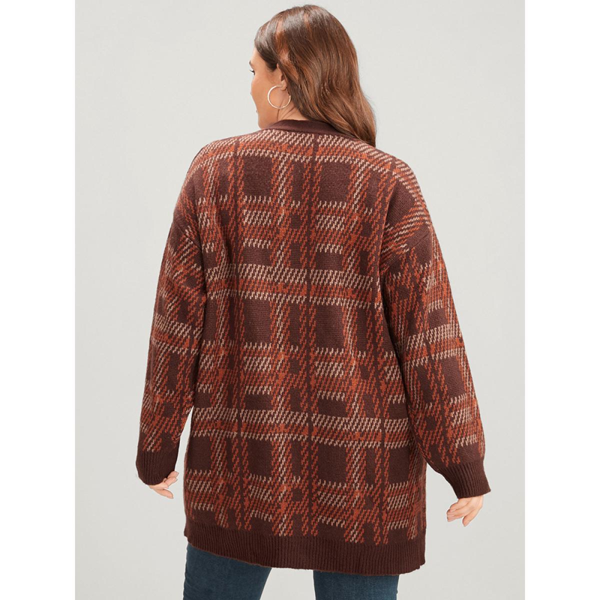 Plus Size Tartan Contrast Pointelle Knit Pocket Open Front Cardigan DarkBrown Women Casual Loose Long Sleeve Dailywear Cardigans BloomChic 12/L Product Image