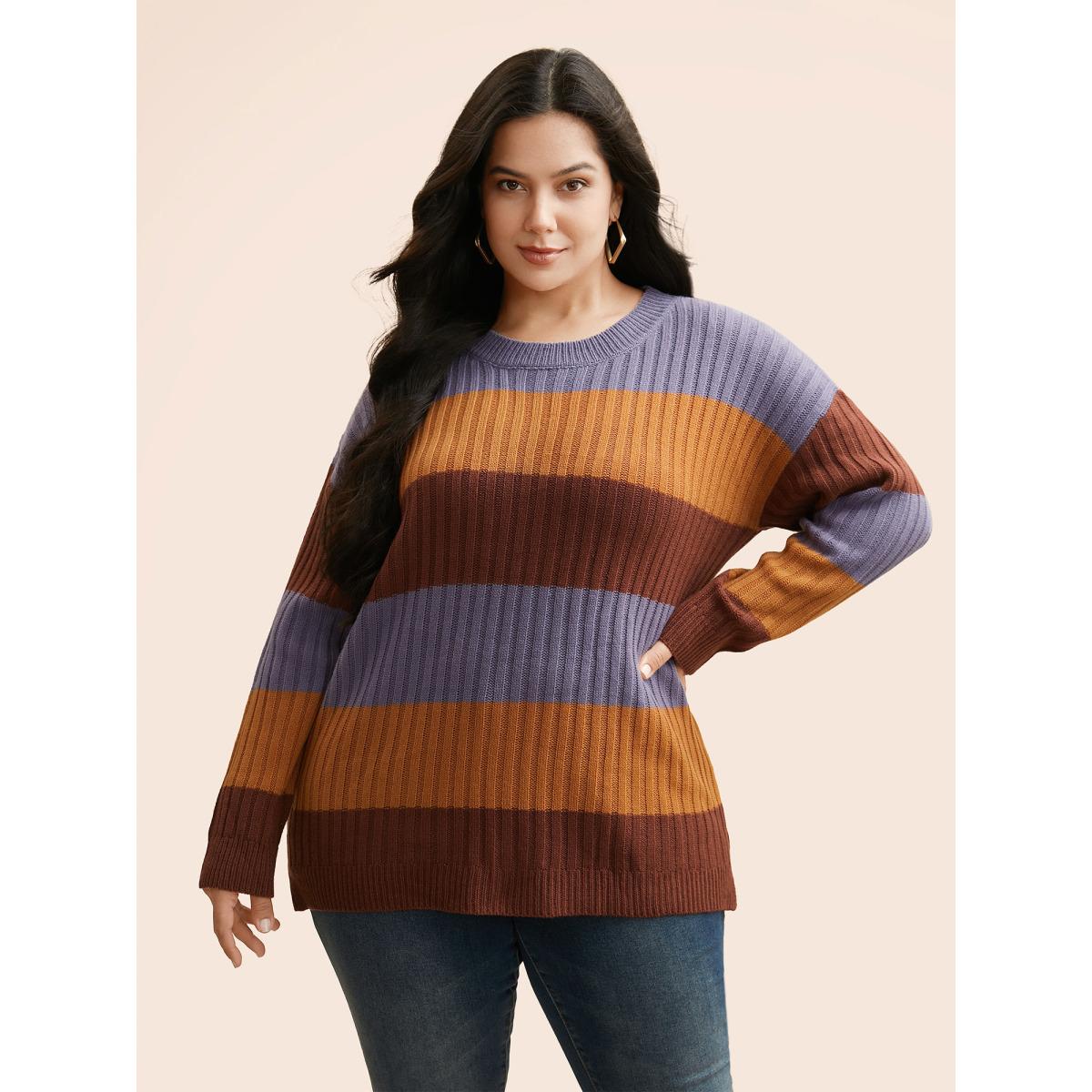 Plus Size Colorblock Contrast Split Hem Pullover Browncoffeecolor Women Casual Loose Long Sleeve Round Neck Everyday Pullovers BloomChic 22-24/3X Product Image