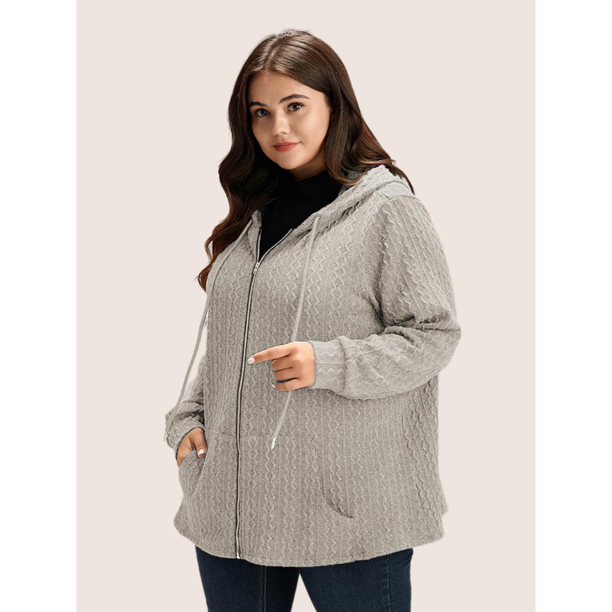 Plus Size Plain Textured Zipper Hooded Sweatshirt Women Champagne Casual Non Hooded Everyday Sweatshirts BloomChic 28/5X Product Image