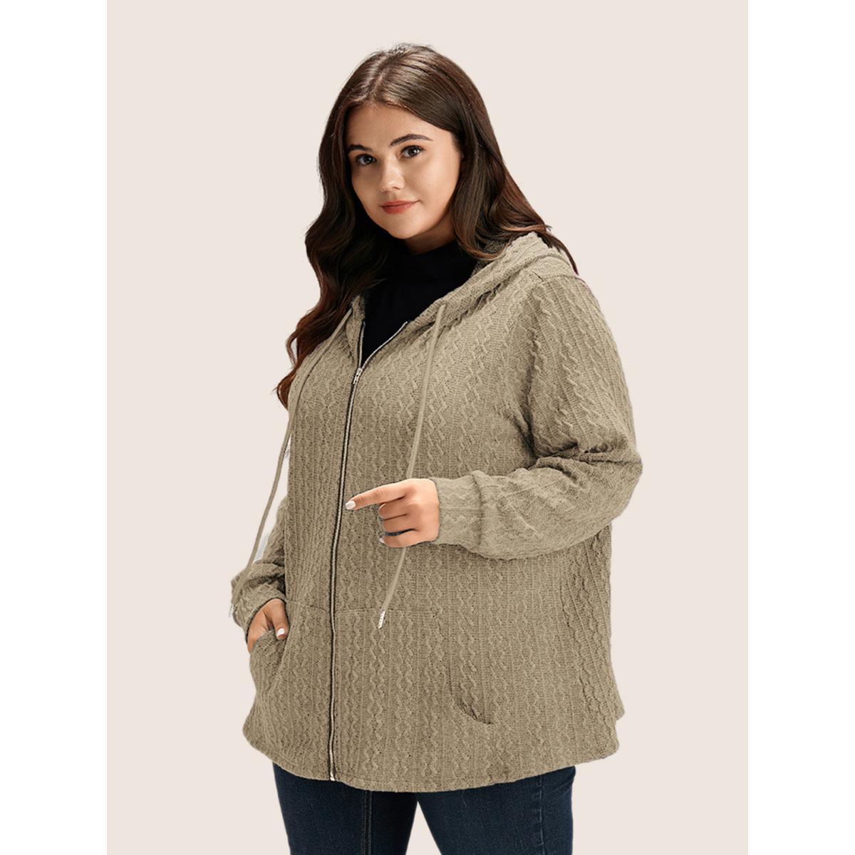 Plus Size Plain Textured Zipper Hooded Sweatshirt Women Tan Casual Non Hooded Everyday Sweatshirts BloomChic 18-20/2X Product Image