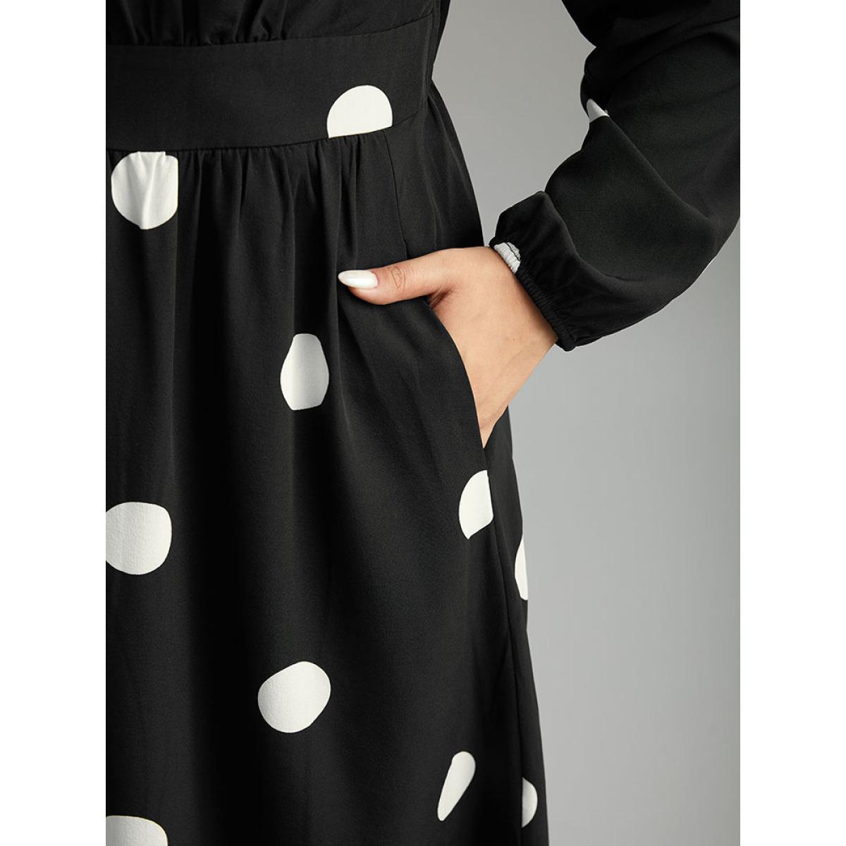 Plus Size Polka Dot Square Neck Gathered Elastic Cuffs Dress Black Women Elegant Elastic cuffs Square Neck Long Sleeve Curvy Midi Dress BloomChic 14-16/1X Product Image
