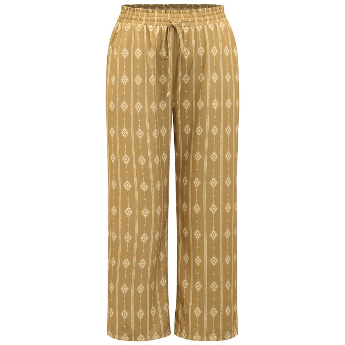 Plus Size Boho Print Drawstring Elastic Waist Pants Women Yellow Vacation Straight Leg High Rise Dailywear Pants BloomChic 10/M Product Image