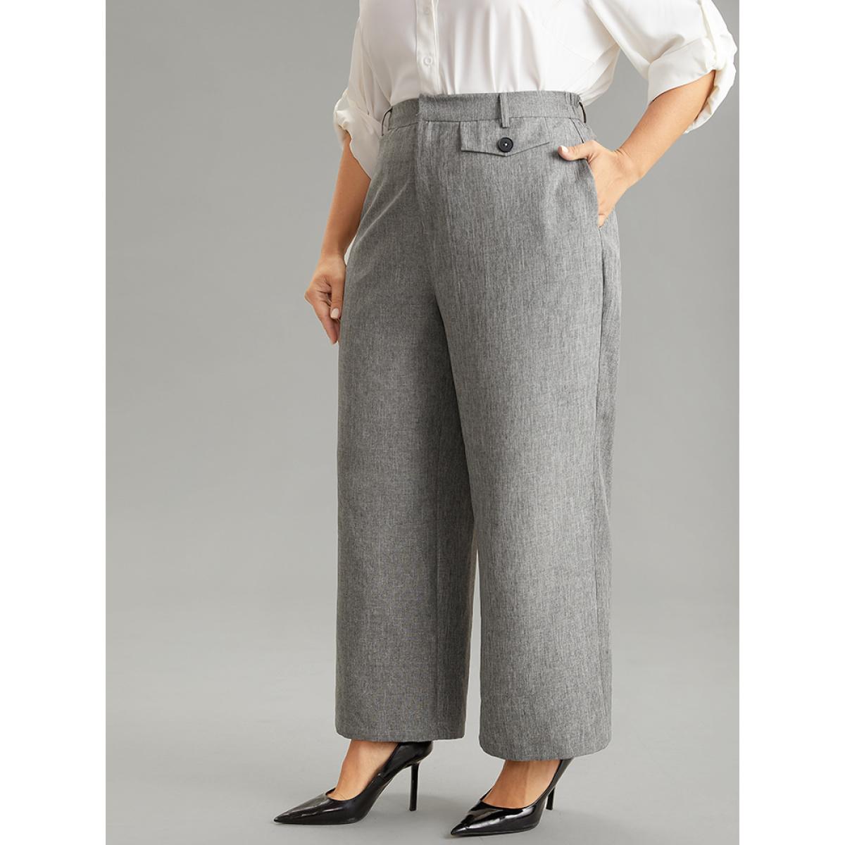 Plus Size Heather Flap Detail Elastic Waist Wide Leg Pants Women DarkGray Office Wide Leg High Rise Work Pants BloomChic 22-24/3X Product Image