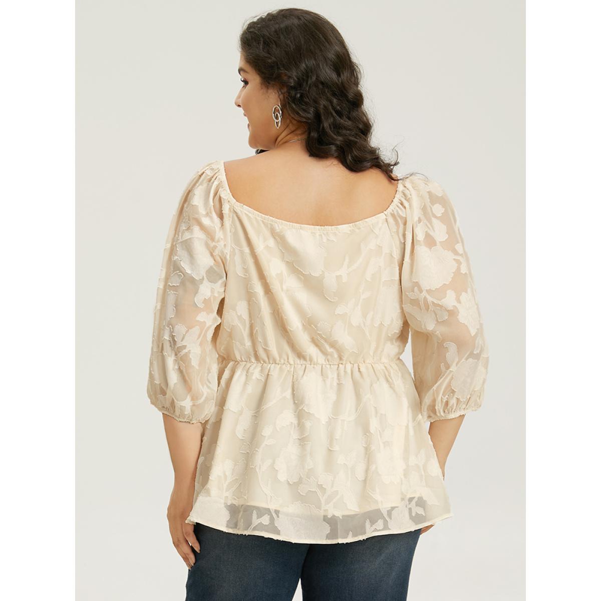 Plus Size Beige Plain Notched Ruched Lantern Sleeve Mesh Blouse Women Elegant Elbow-length sleeve Notched collar Dailywear Blouses BloomChic 12/L Product Image