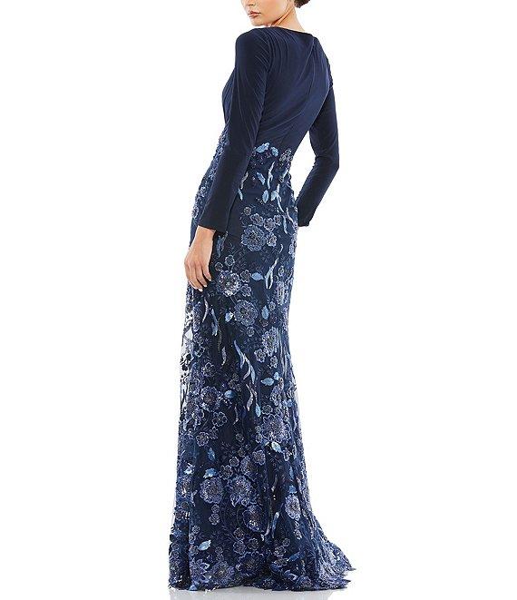 Mac Duggal V-Neck Long Sleeve Embellished Floral Applique Gown Product Image