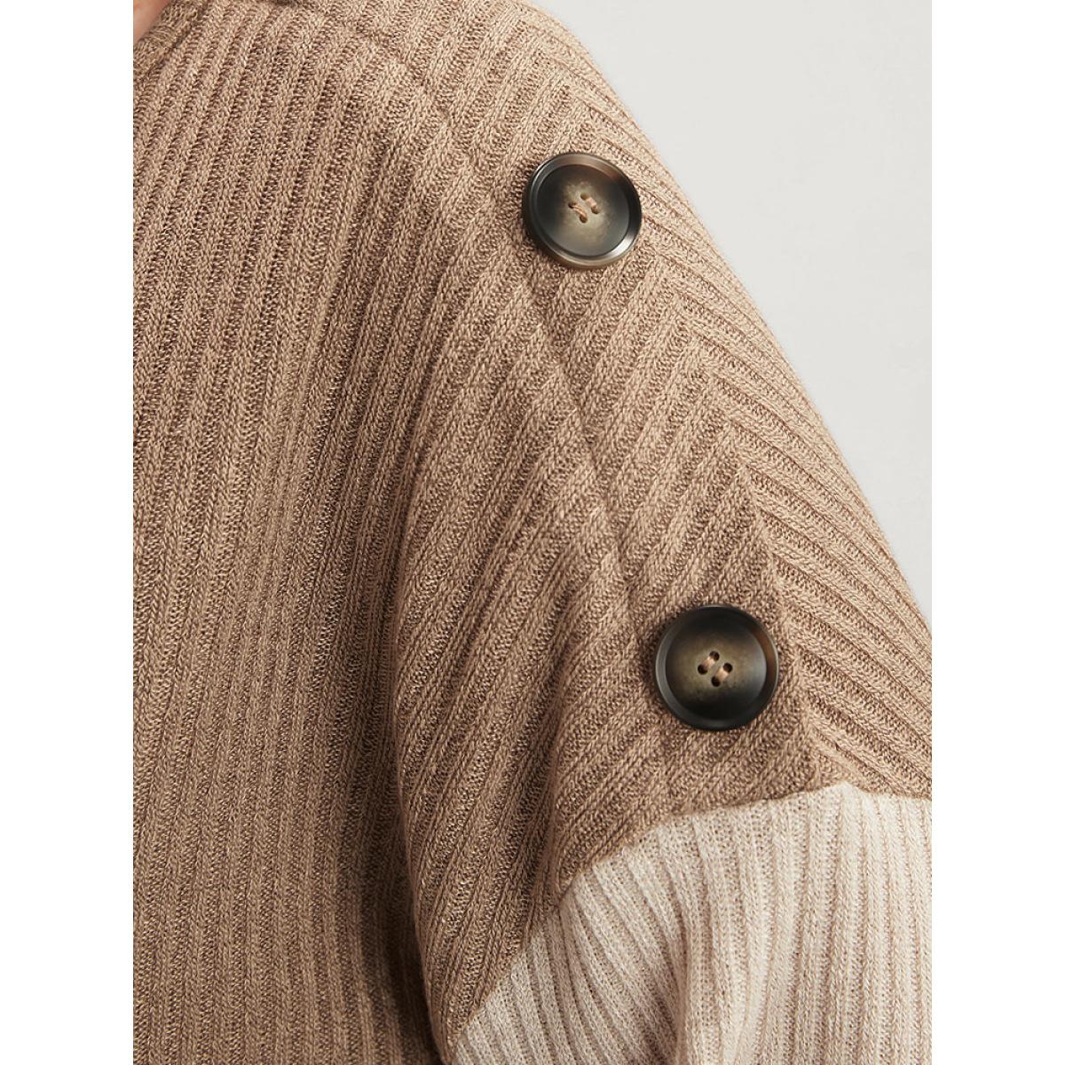 Plus Size Colorblock Contrast Button Detail Rib Knit Sweatshirt Women LightBrown Casual Contrast Round Neck Dailywear Sweatshirts BloomChic 12/L Product Image