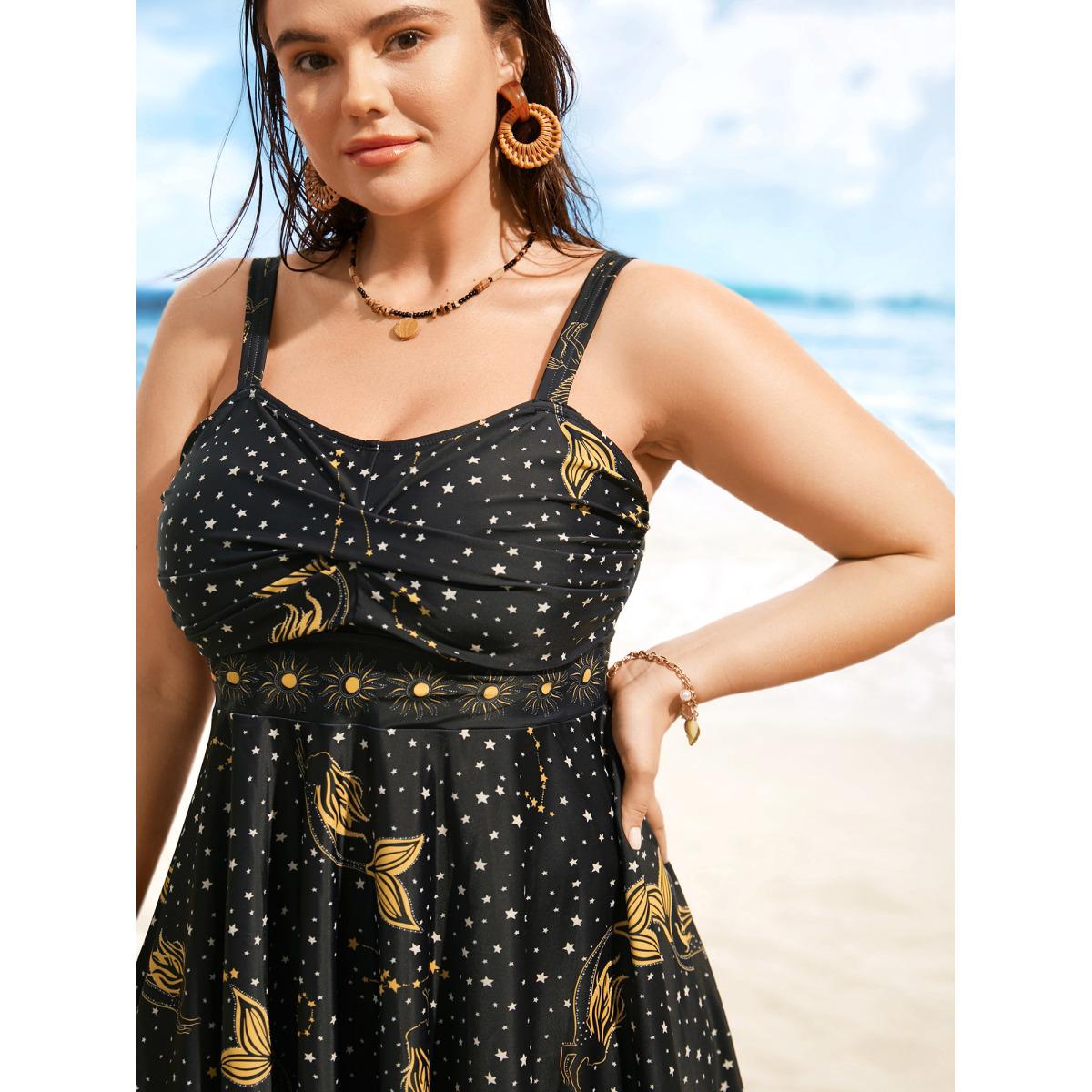 Plus Size Star & Sun Print Heart Neckline Crossover Swim Dress Women's Swimwear Black Beach Bodycon Heart neckline High stretch Curve Swim Dresses BloomChic 14-16/1X Product Image