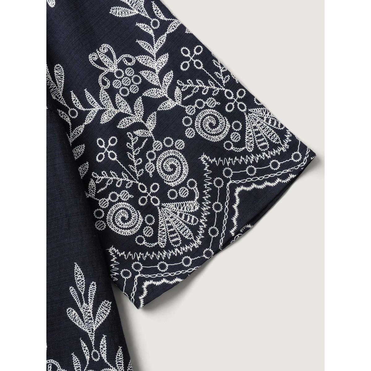 Plus Size Indigo Boho Print Lace Neck Blouse Women Boho Elbow-length sleeve Notched collar Vacation Blouses BloomChic 26/4X Product Image