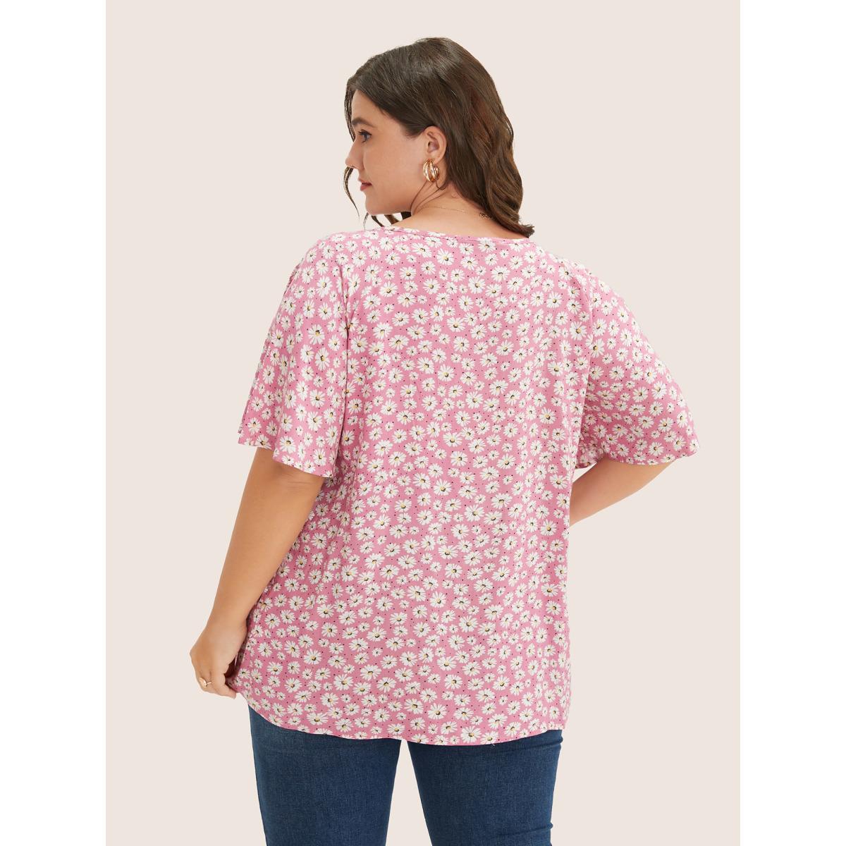 Plus Size Pink Ditsy Floral Ruffle Sleeve Tie Neck Blouse Women Elegant Short sleeve V-neck Everyday Blouses BloomChic 26/4X Product Image
