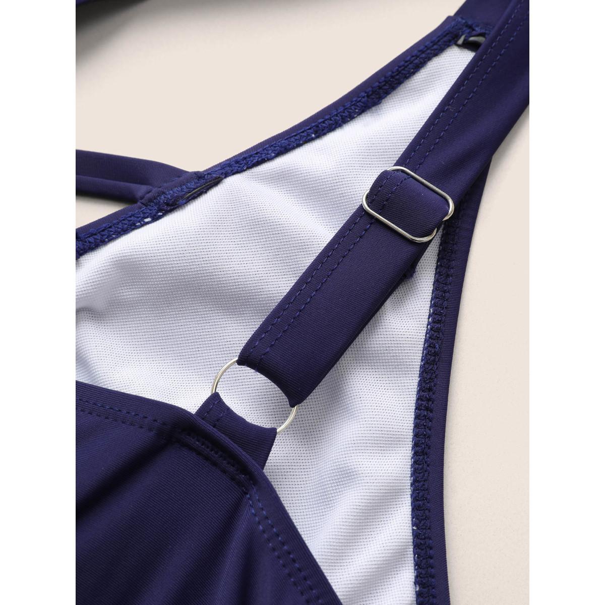 Plus Size Tropical Print Patchwork Crisscross Hanky Hem Swim Dress Women's Swimwear Indigo Vacation Bodycon Overlap Collar High stretch Curve Swim Dresses BloomChic 30/6X Product Image