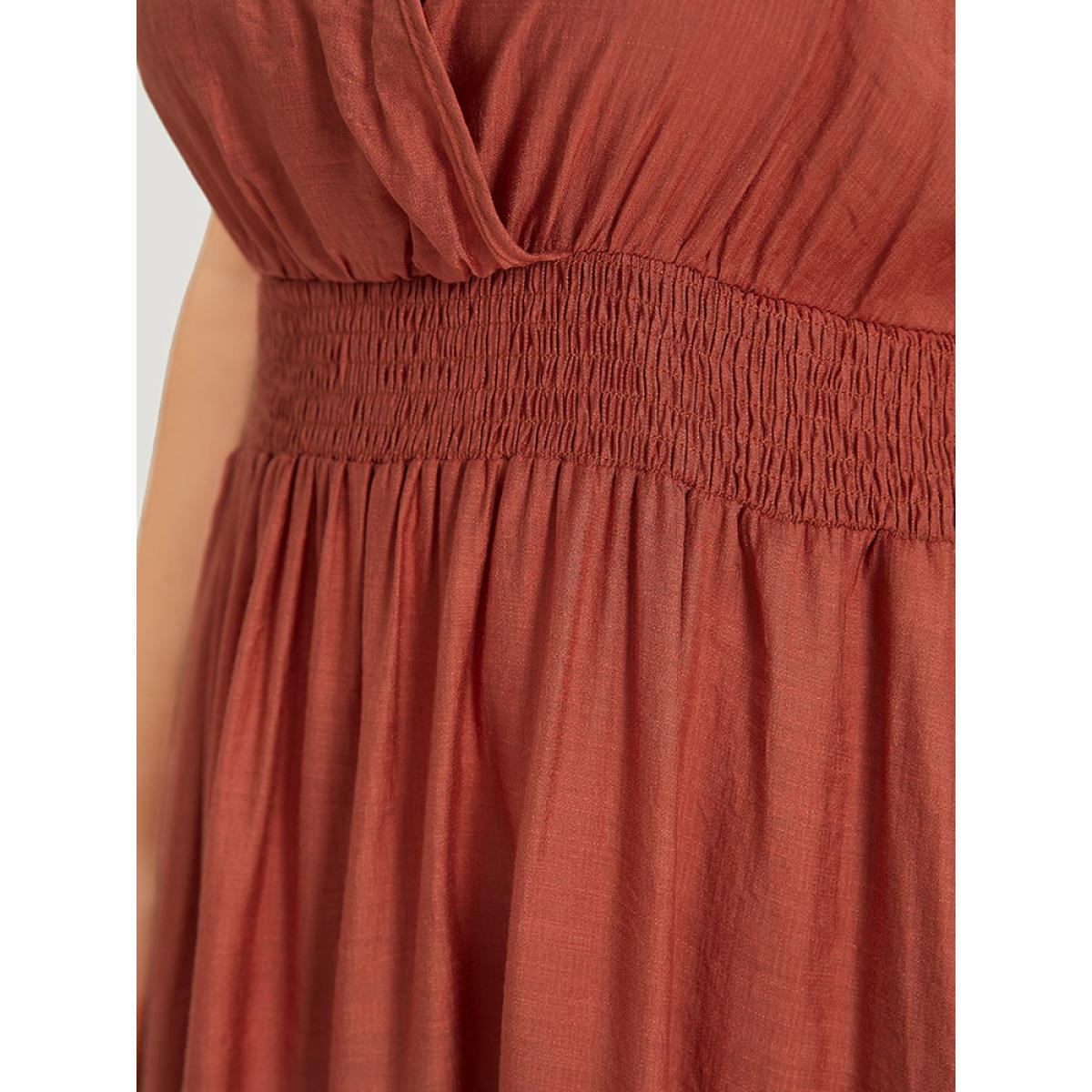 Plus Size Solid Crochet Lace Gathered Wrap Shirred Cami Dress Russet Women Vacation Patchwork V-neck Sleeveless Curvy Long Dress BloomChic 10/M Product Image