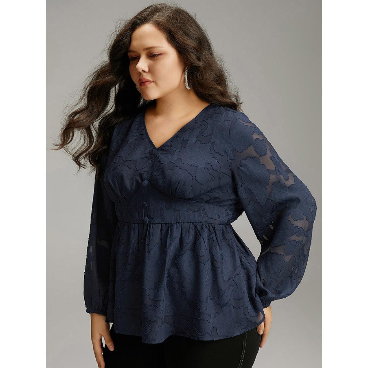 Plus Size Indigo Floral Mesh Elastic Waist Button Detail Blouse Women Glamour Long Sleeve V-neck Going out Blouses BloomChic 26/4X Product Image