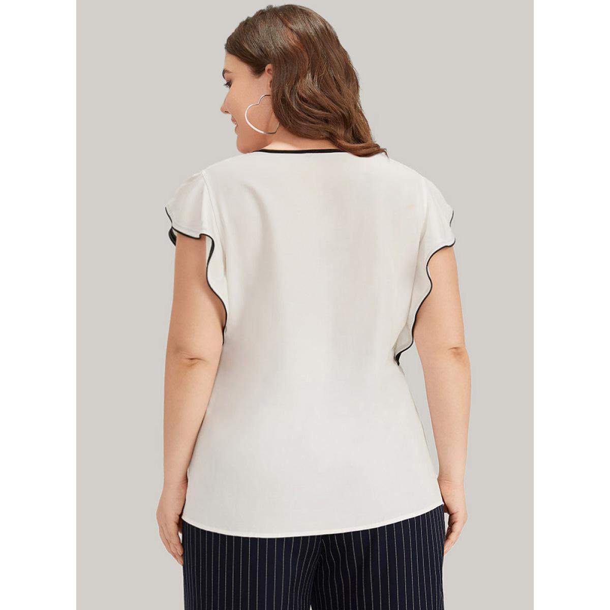 Plus Size Ivory Contrast Keyhole Ruffle Trim Cap Sleeve Blouse Women Office Cap Sleeve Keyhole Cut-Out Office Blouses BloomChic 12/L Product Image