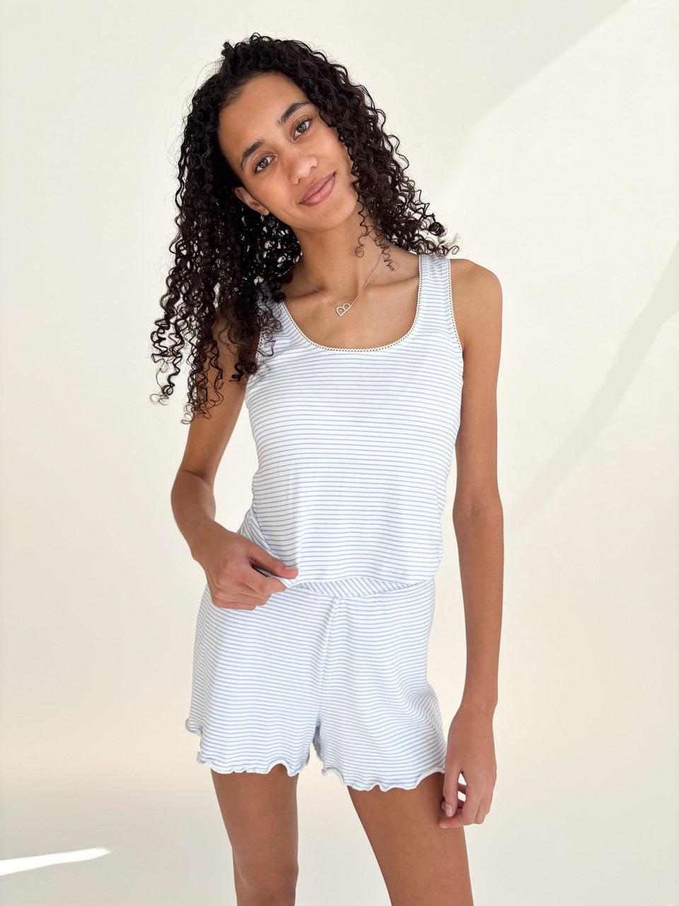 Blue Pinstripe Picot Trim Tank Top Product Image