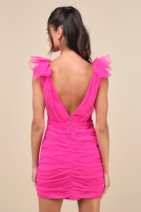 Peak Poise Fuchsia Tulle Ruffled Bodycon Mini Dress Product Image