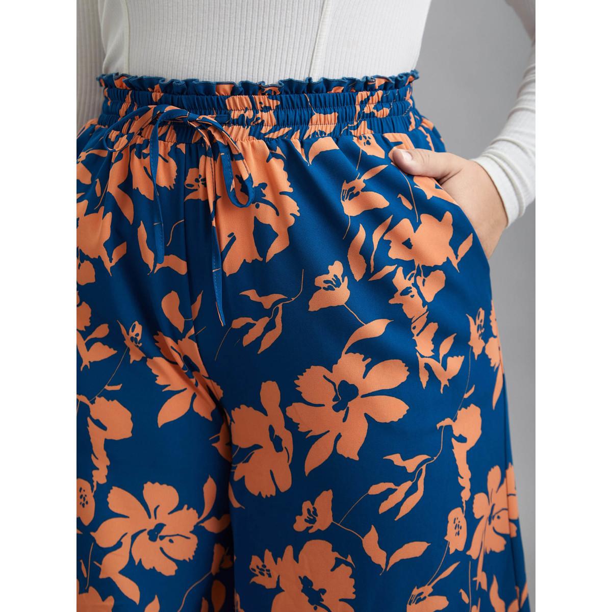 Plus Size Floral Smocked Waist Flared Leg Pants Women DarkBlue Elegant Wide Leg Mid Rise Everyday Pants BloomChic 30/6X Product Image