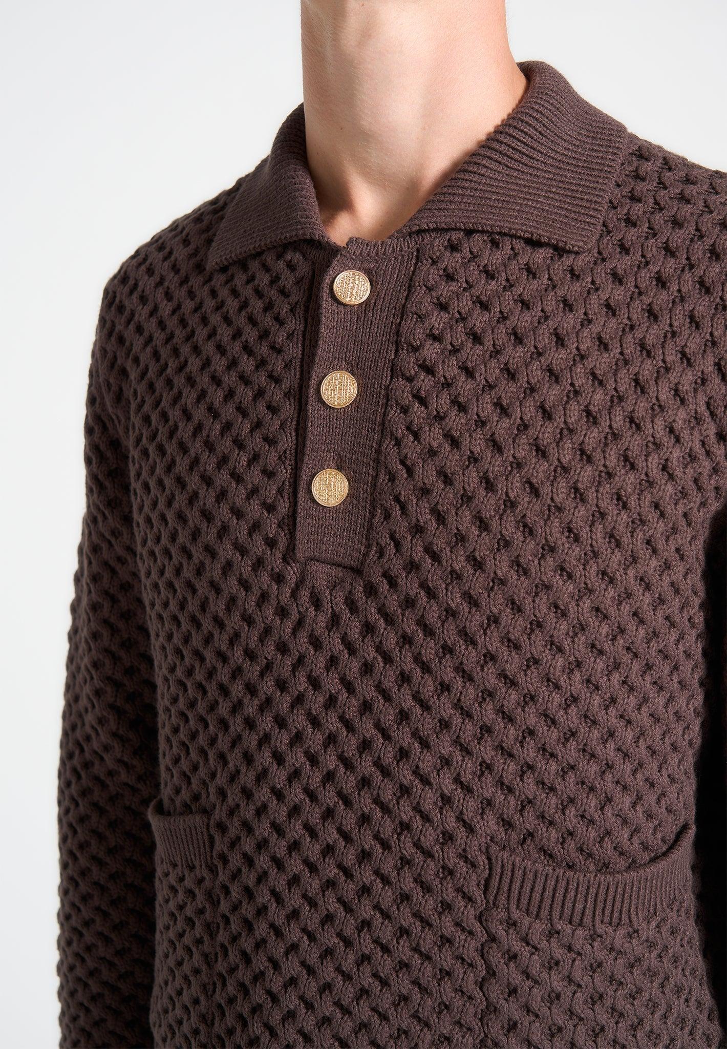 Waffle Knit Polo Jumper - Brown Male Product Image