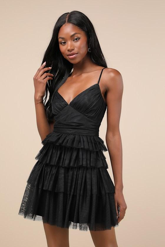 Special Poise Black Tulle Pleated Sleeveless Tiered Mini Dress Product Image