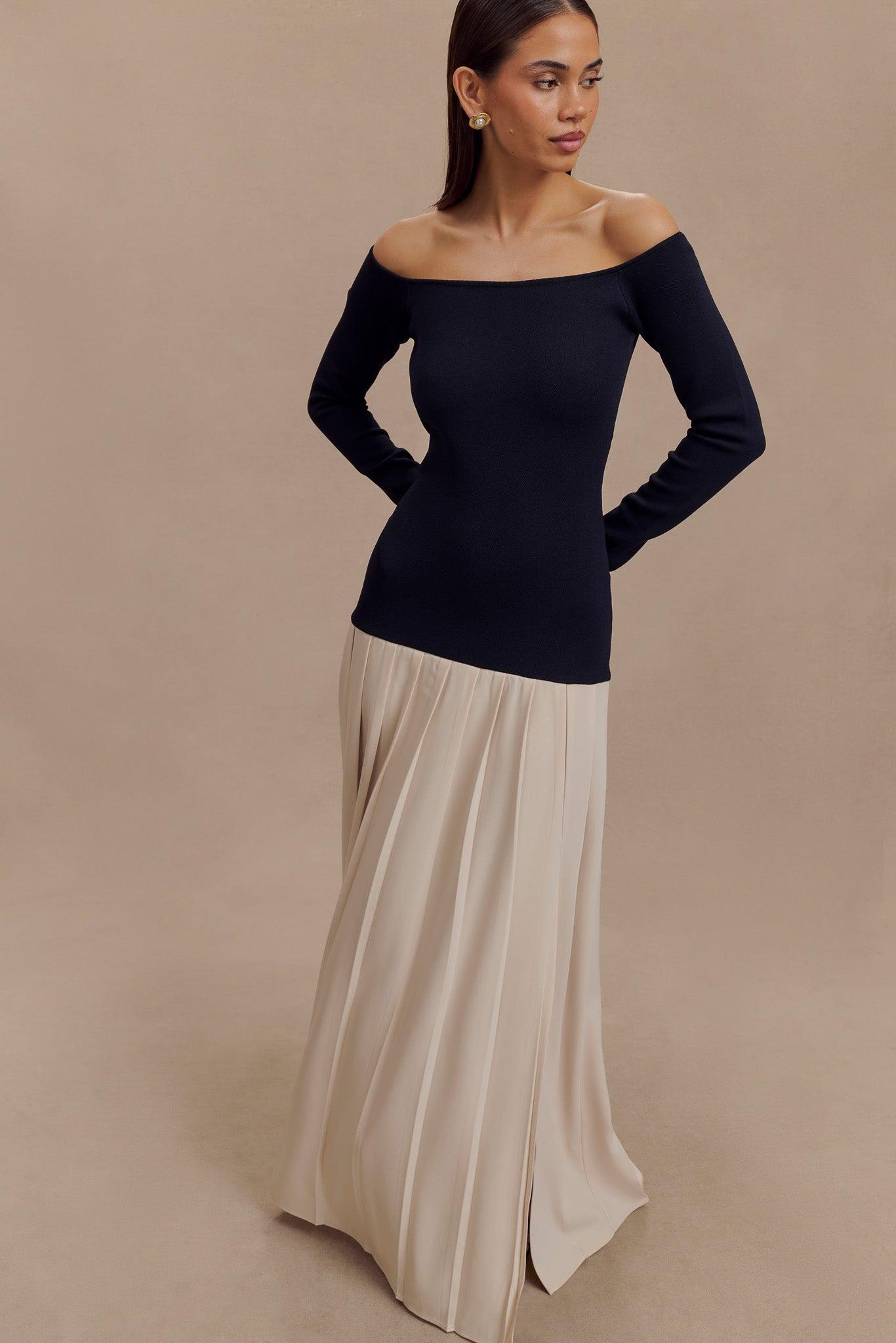 Presley Contrast Knit Off Shoulder Maxi Dress - Navy And Cream Product Image
