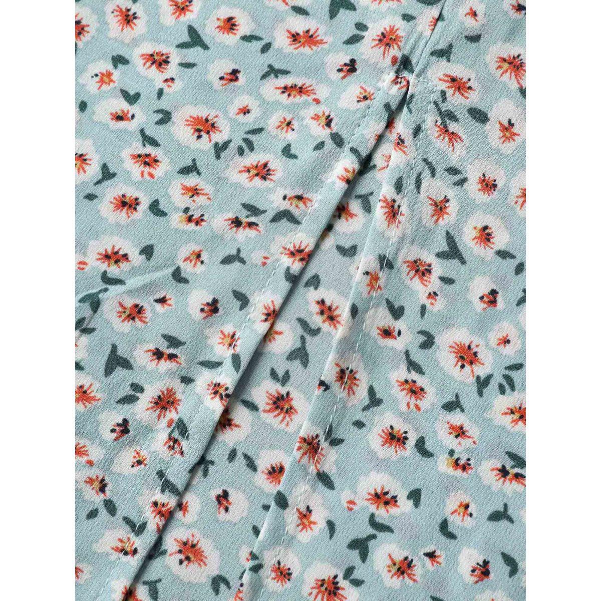 Plus Size Ditsy Floral Print Layered Ruffle Midi Dress Skyblue Women Slit Heart neckline Cap Sleeve Curvy BloomChic 18-20/2X Product Image