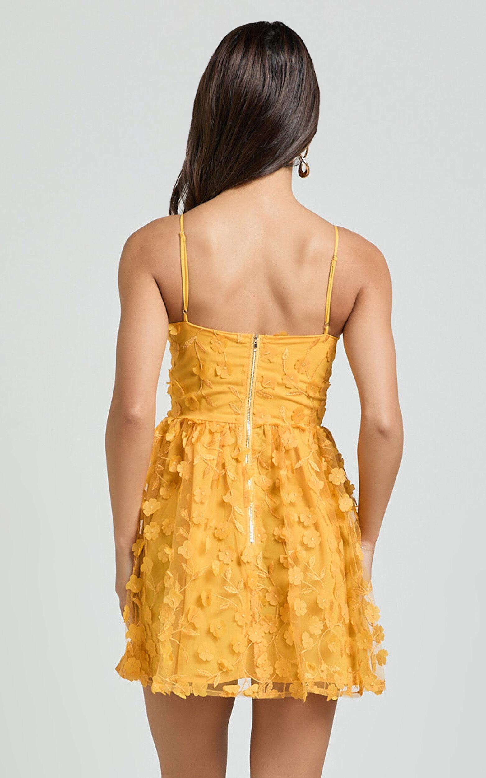 Prague Mini Dress - Strappy Embroidered Tulle Bustier Dress in Marigold Product Image