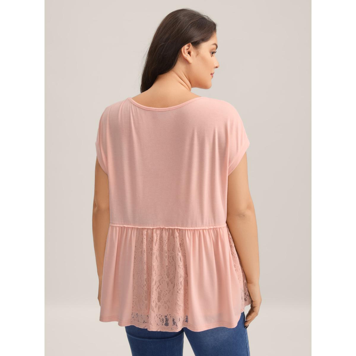 Plus Size Lace Trim Spliced Solid T-Shirt Nudepink Women Woven ribbon&lace trim Round Neck Casual T-shirts BloomChic 18-20/2X Product Image