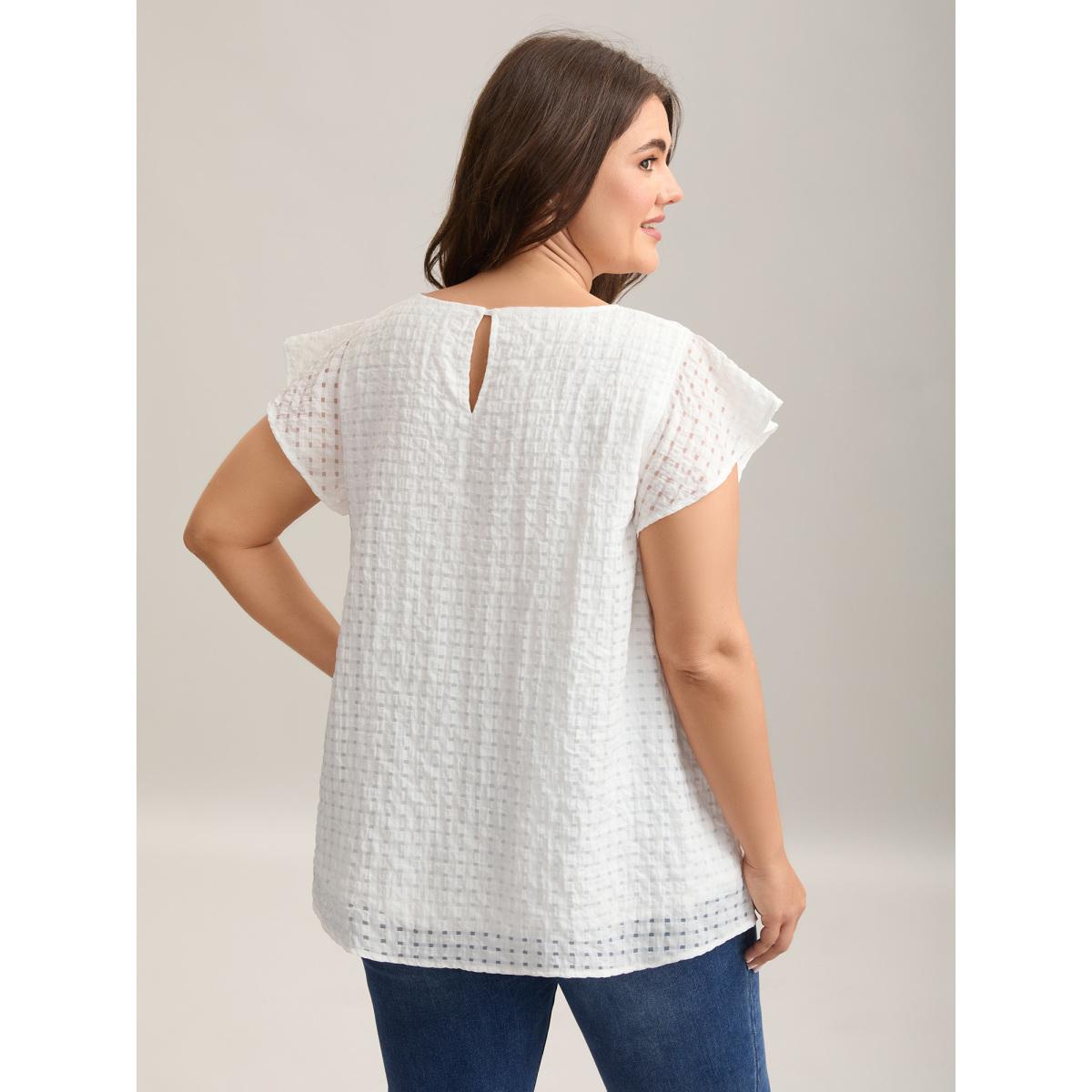 Plus Size WhiteSmoke Textured Sheer Lined Flutter Sleeve Blouse Women Leisure Cap Sleeve Round Neck Casual Blouses BloomChic 10/M Product Image