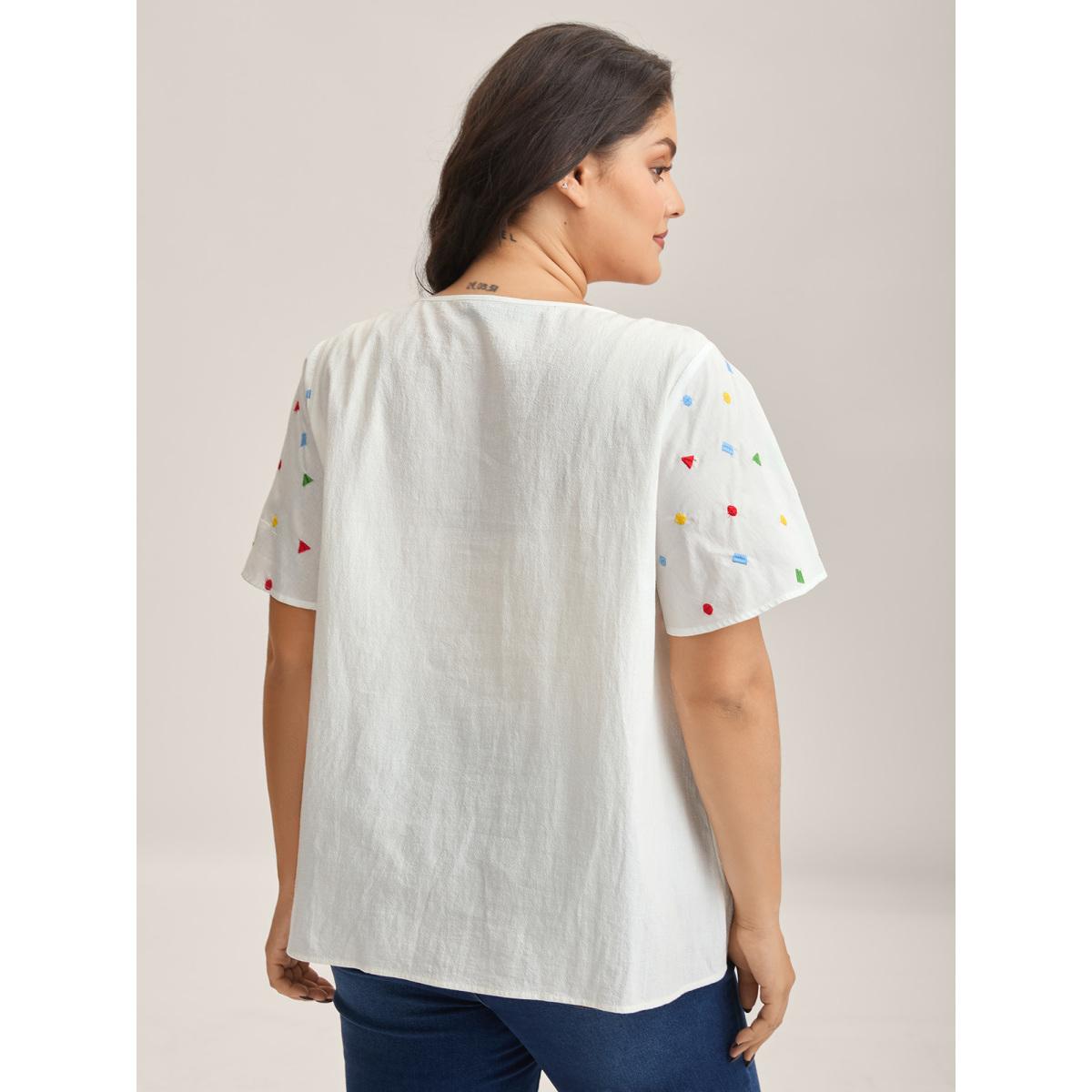 Plus Size Originalwhite Cotton Colorful Embroidery V-Neck Solid Blouse Women Short sleeve V-neck Casual Blouses BloomChic 12/L Product Image